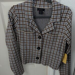 Rachel by Rachel Roy Plaid Button-Front Jacket in Light Blue and Brown Medium